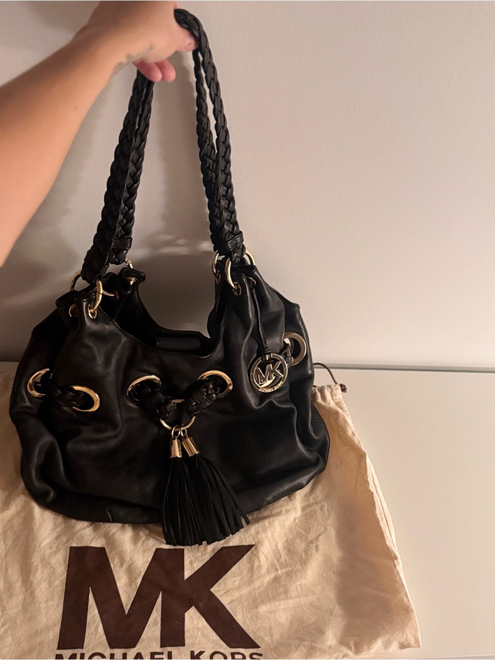 Michael Kors Black Leather Braided Grommet Satchel Hobo Gold Hardware Tassel